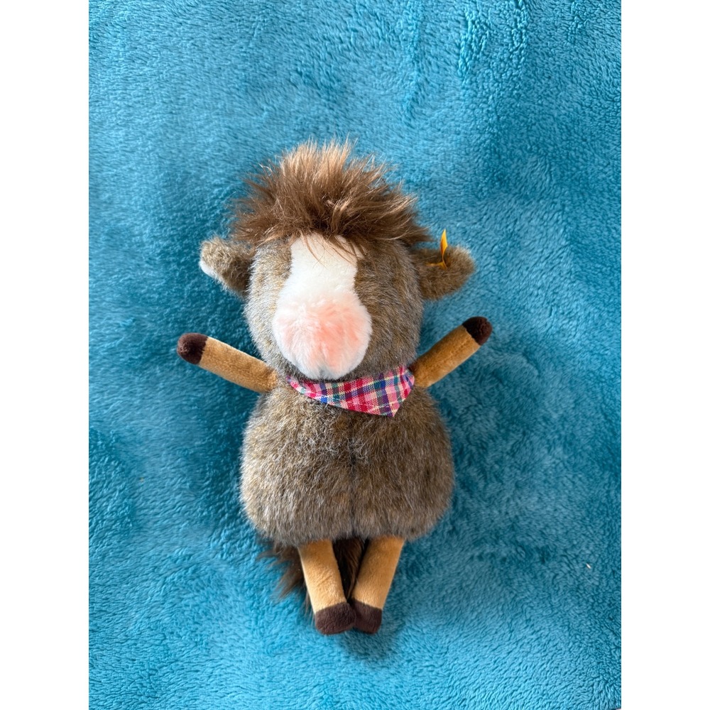 Steiff Brown Donkey Plush Stuffed Animal Plaid Bandana Button in Ear 066907 8.5"